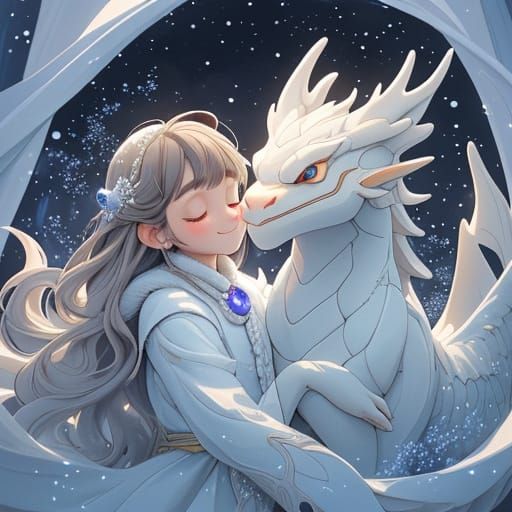 Girl Finds Solace in Majestic White Dragon's Fur