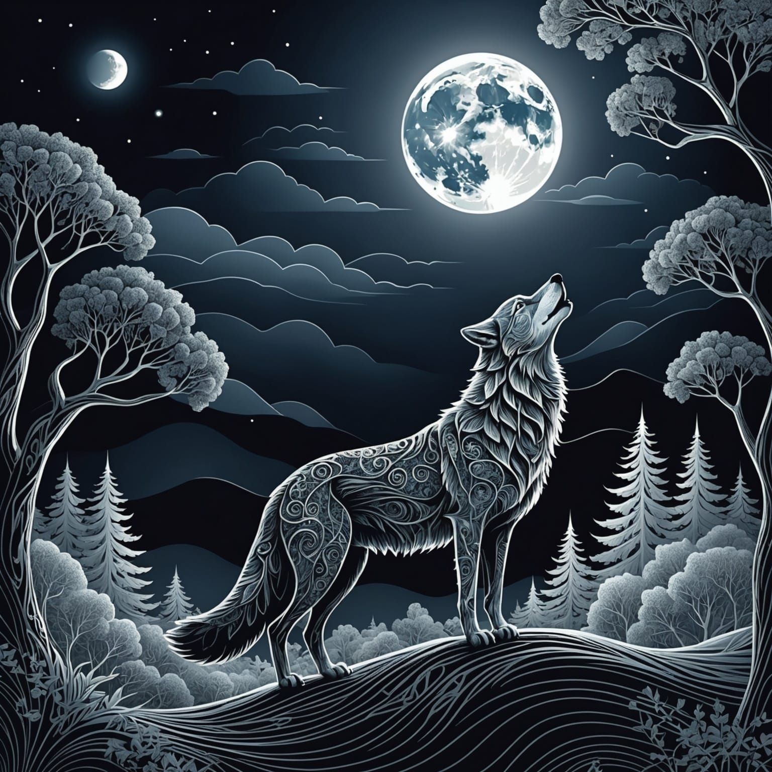 Wolf Howling at Moon in Abstract Landscape