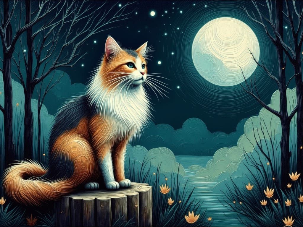 Calico Cat Under Bioluminescent Moon, Impasto Painting