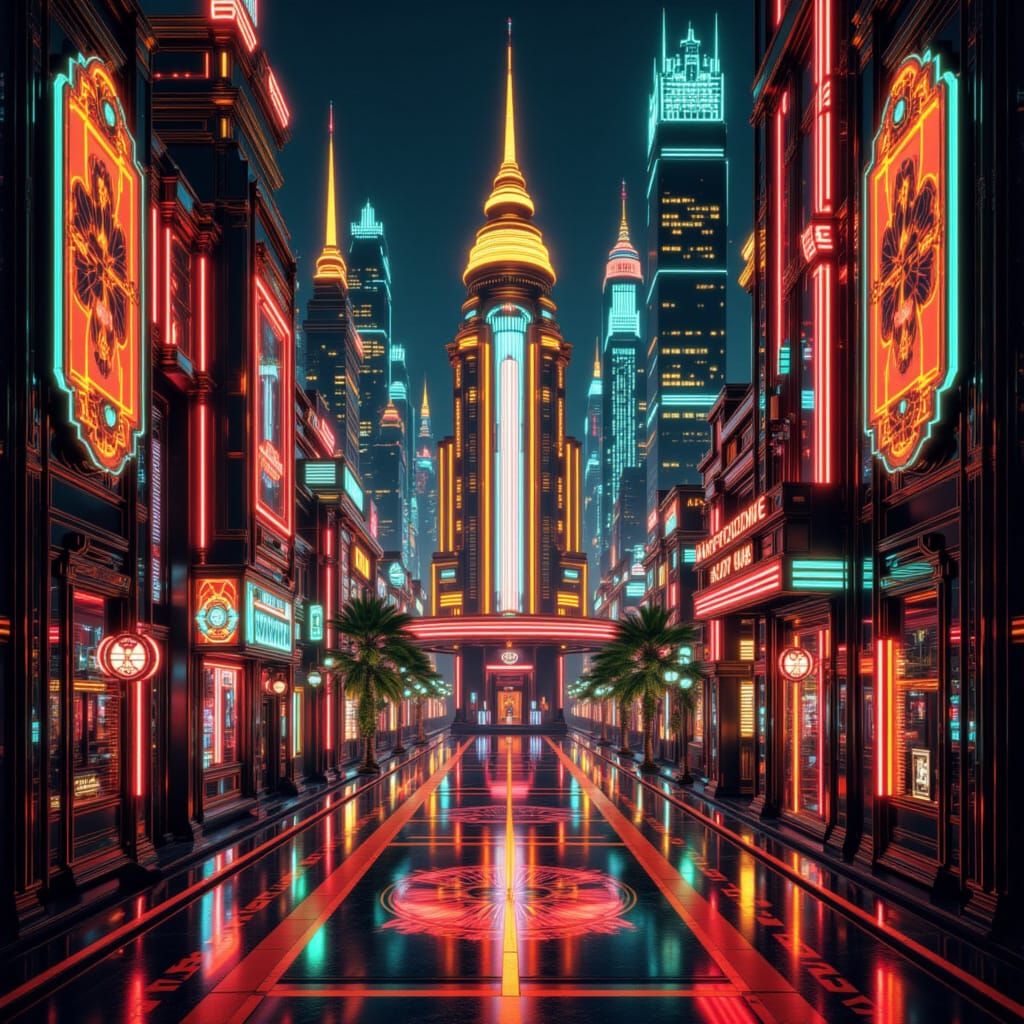 Art Deco Retrofuturist Cityscape in Neon
