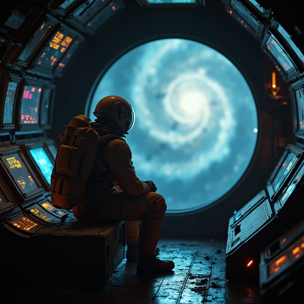 Astronaut Contemplates Nebula in Dimly Lit Spaceship