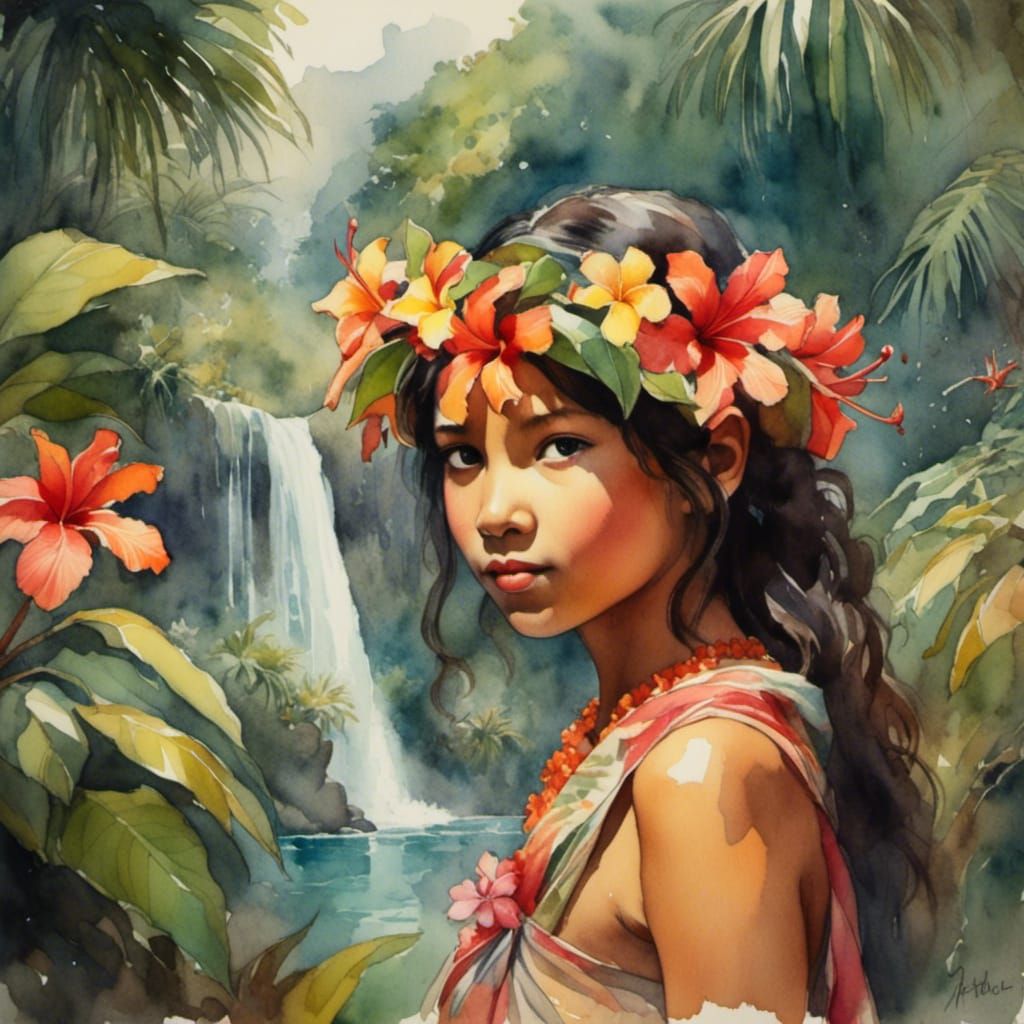 Hawaiian Girl Portrait with Flowers in Romantic Watercolor
