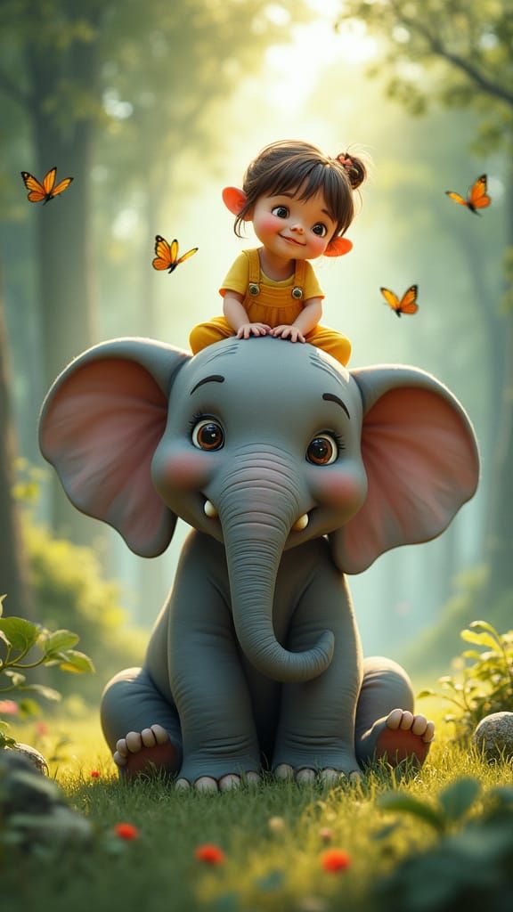 Girl Hugging Elephant in Whimsical Forest Art