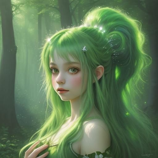 Forest Princess with Sparkling Light, Gouache Painting