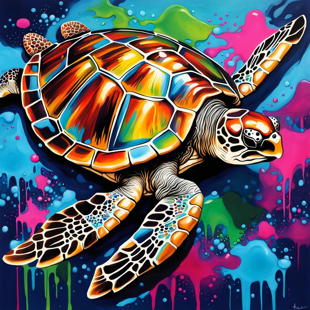 Bejeweled Sea Turtle in Graffiti Art Style