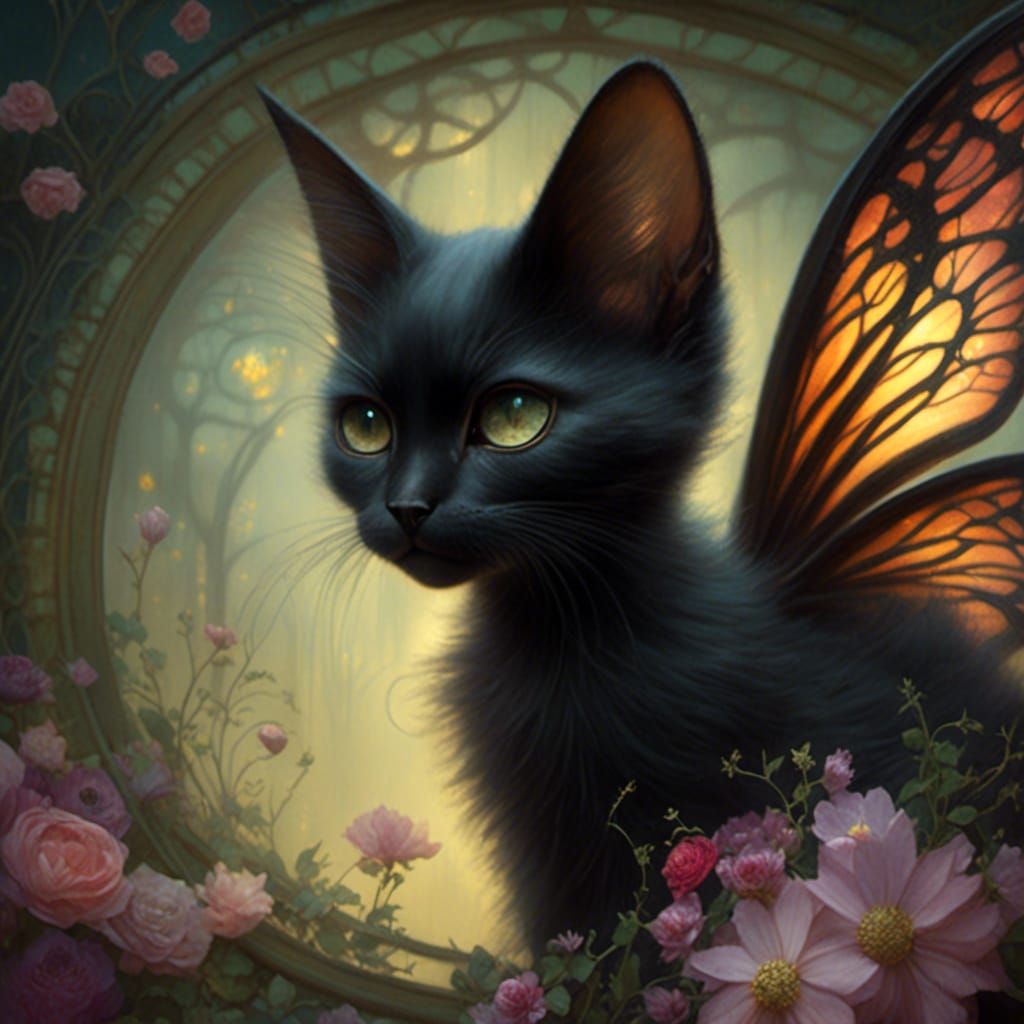 <lora:FlowerFae:1.0> A black fairy cat