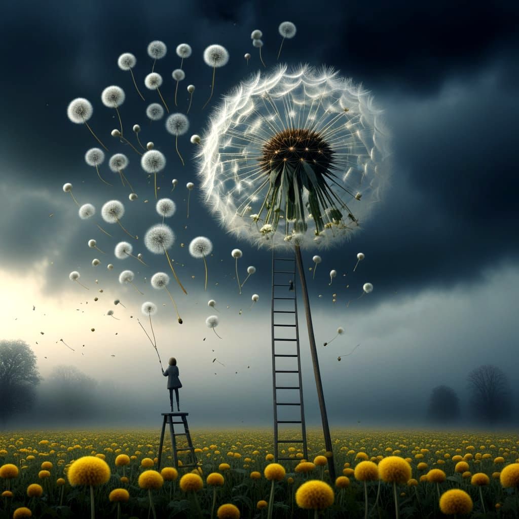 Surreal Landscape: Woman Picks Seed from Giant Dandelion