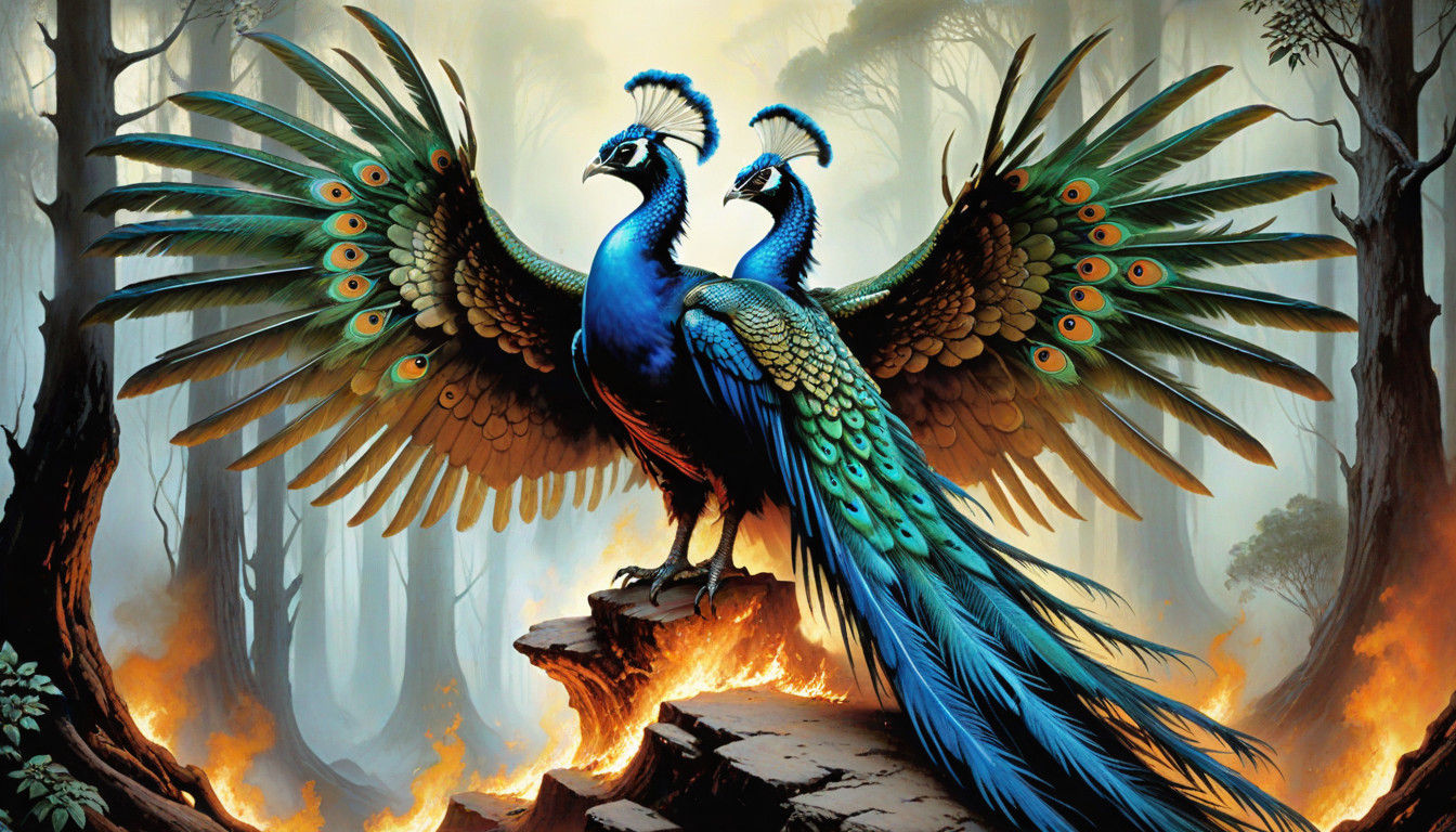 Giant Fire Peacocks in a Burning Forest