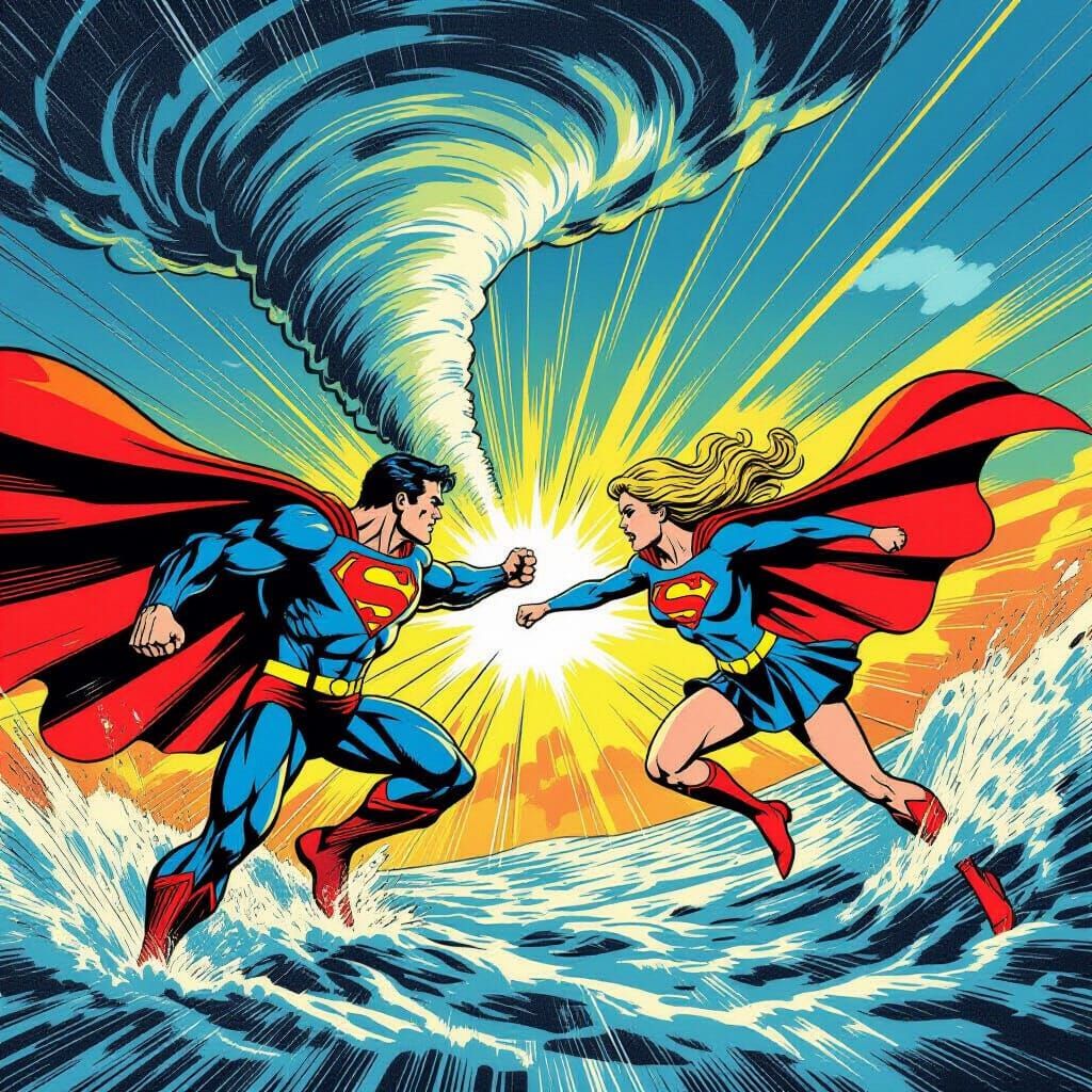 Superman and Supergirl Battle in Retro Comic Style