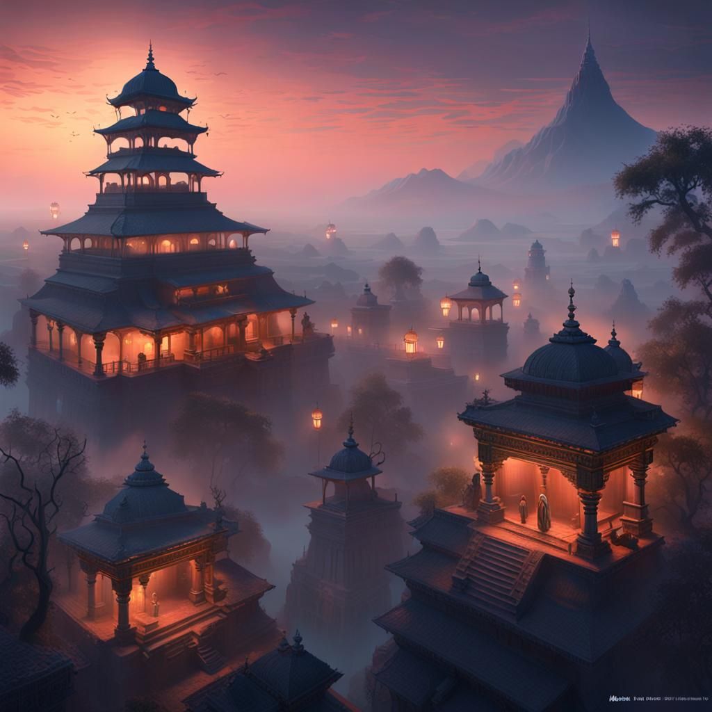 Mystical Ancient Indian Cityscape at Dusk