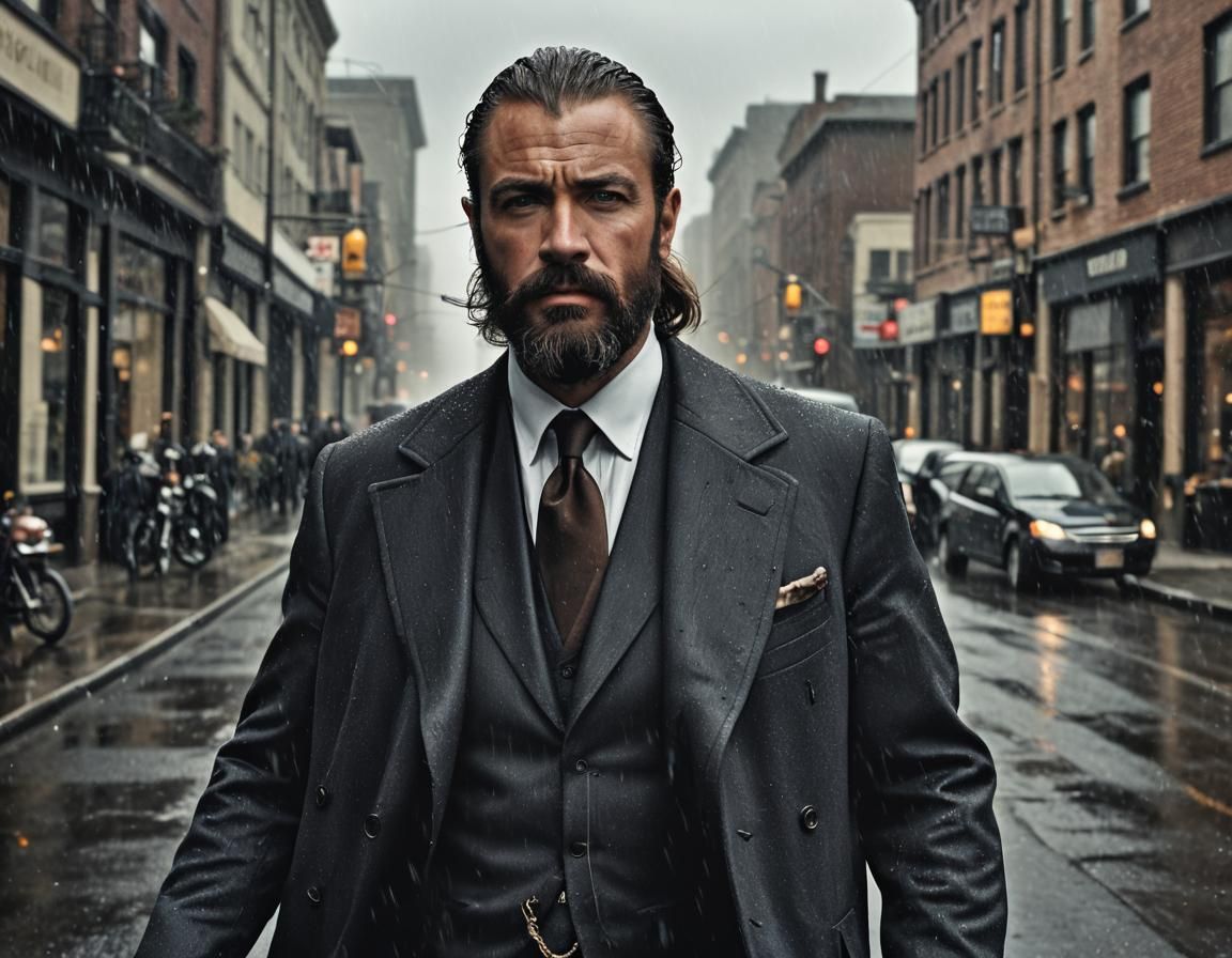 Hyperrealistic Mob Boss in California on Rainy Day