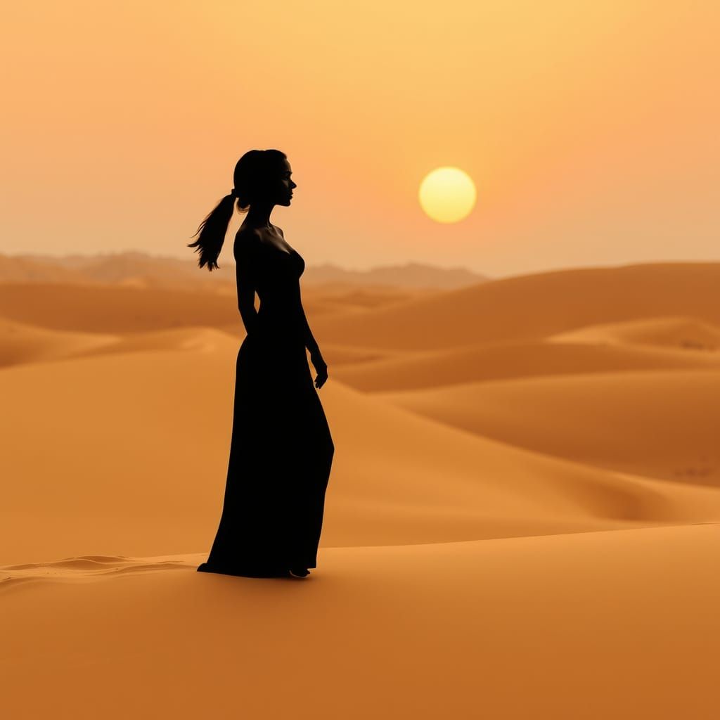 Silhouette of Woman in Golden Desert Landscape