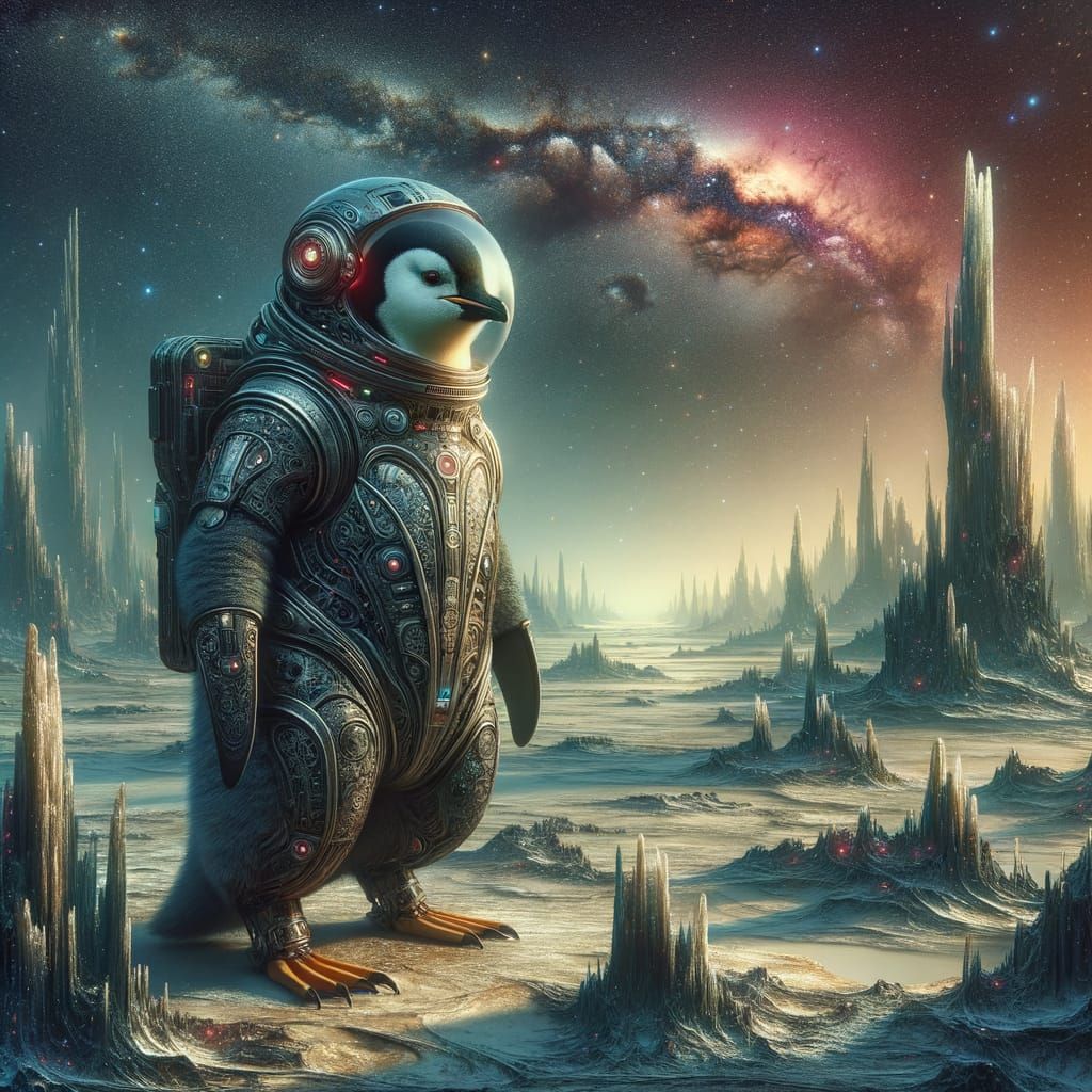 Melancholic Penguin in Futuristic Spacesuit on Alien Planet
