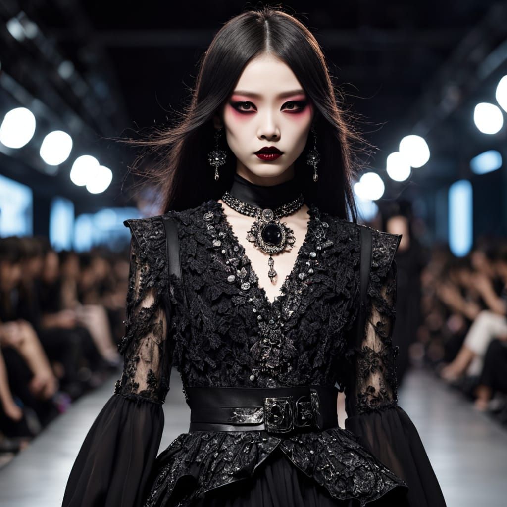 Elegant Japanese Gothic Fashion Model on Darkened Catwalk