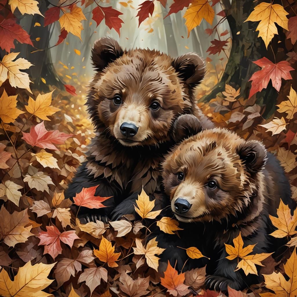 Cute Bear Cubs in Autumn Leaves: Digital Painting