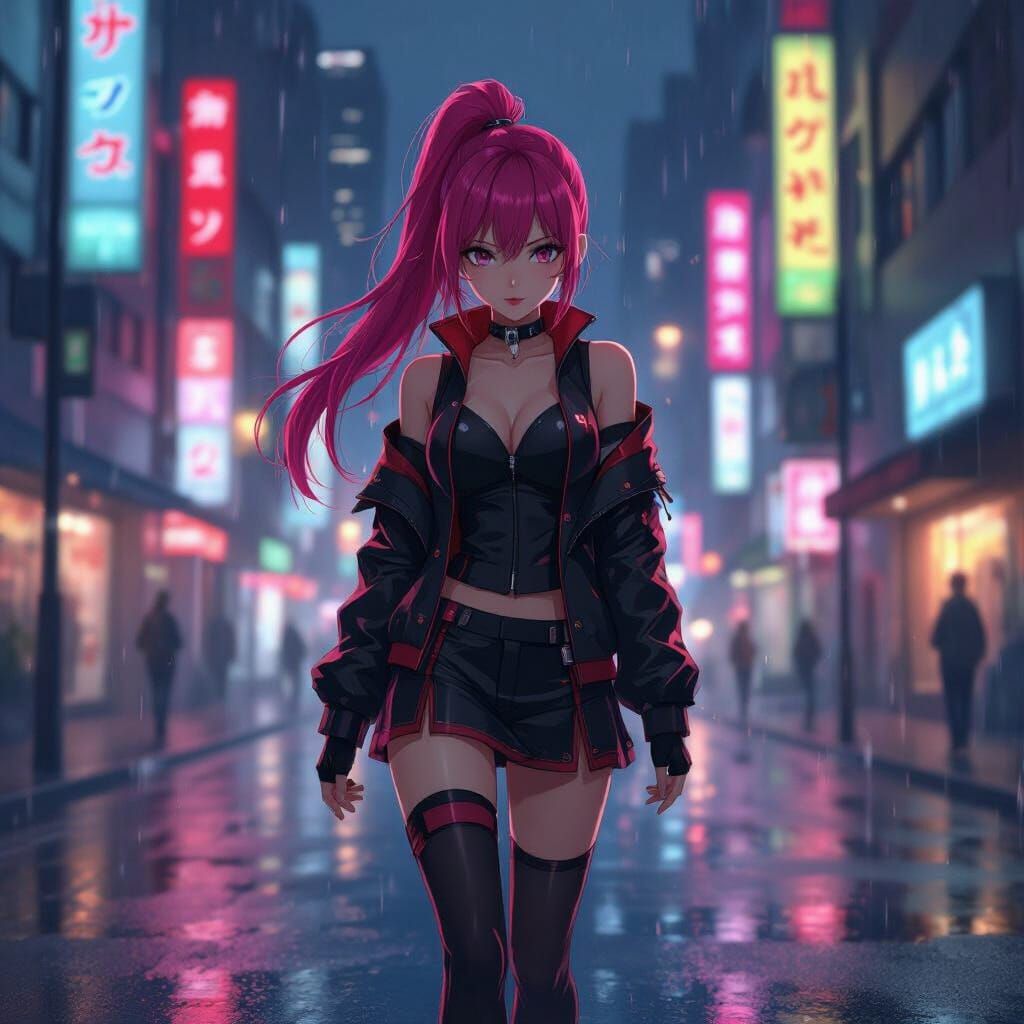 Anime Girl Walks Neon City Street in Rain