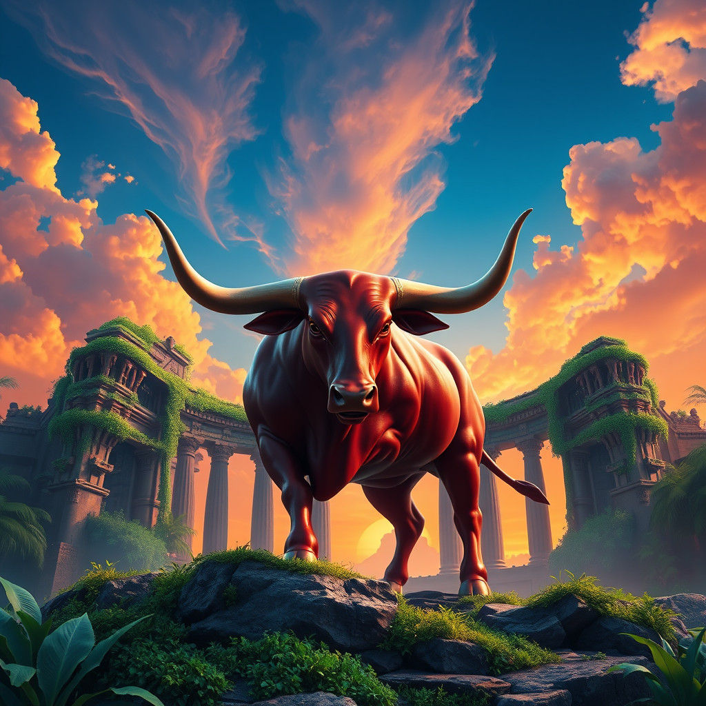 Metallic Red Bull in Ancient Temple Ruins