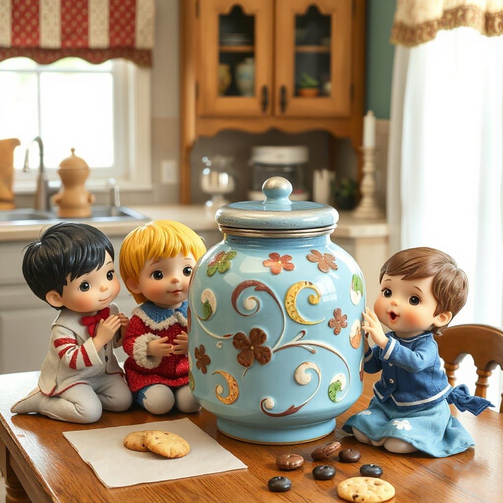 Whimsical Children Gather Around a Vintage Blue Cookie Jar