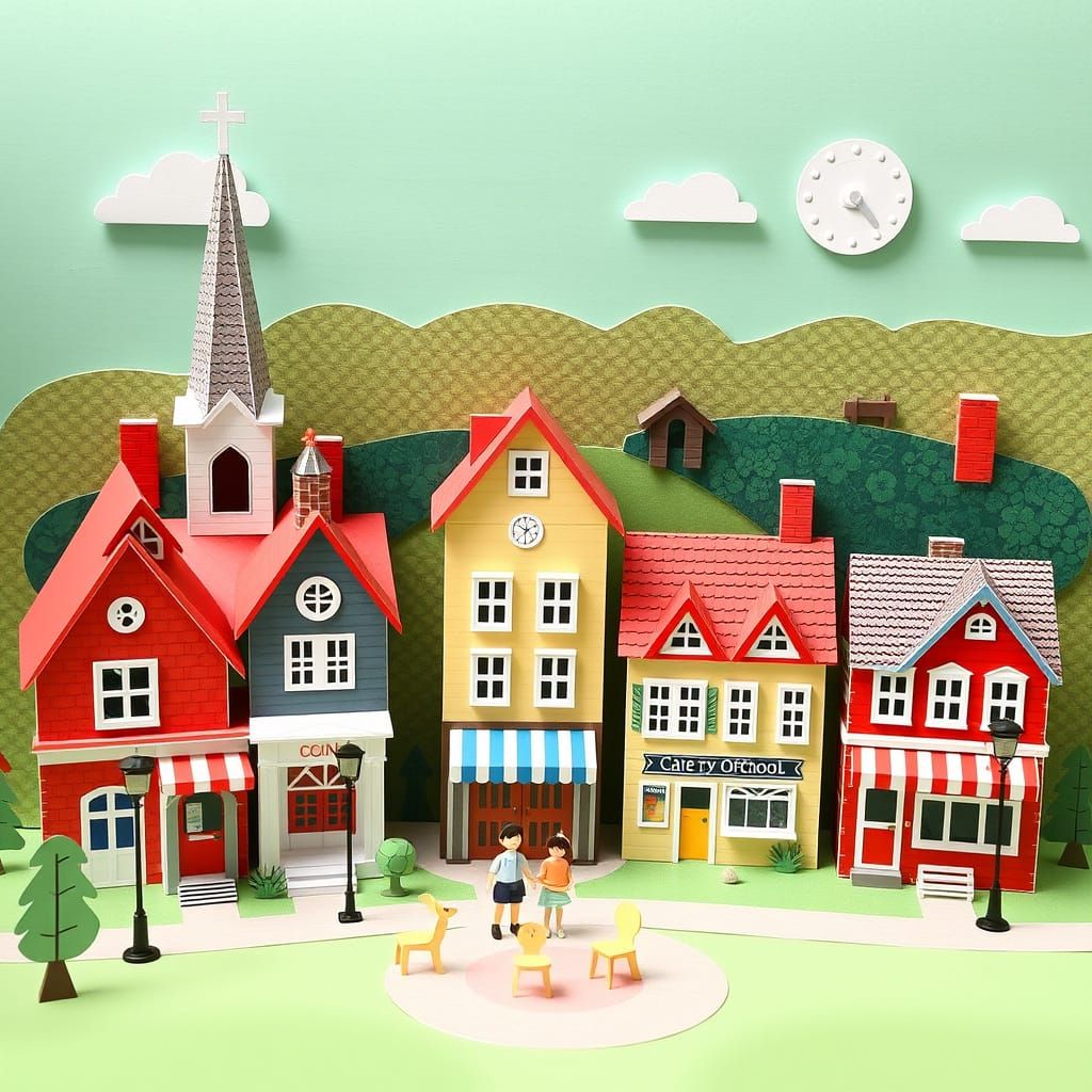 Colorful Paper Village with Paper People