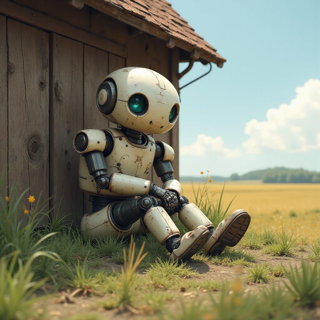 Lonely Robot in Field, in Digital Comic Style