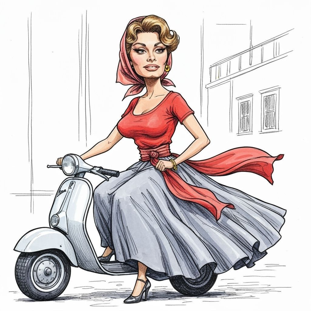 Sophia Loren Caricature Riding Vespa Through Rome