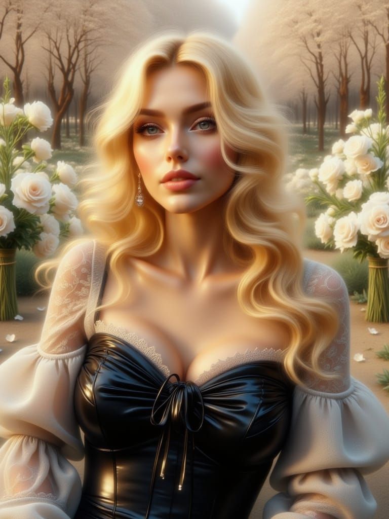 Elegant Blonde in Flowing Blouse, Art Nouveau Style