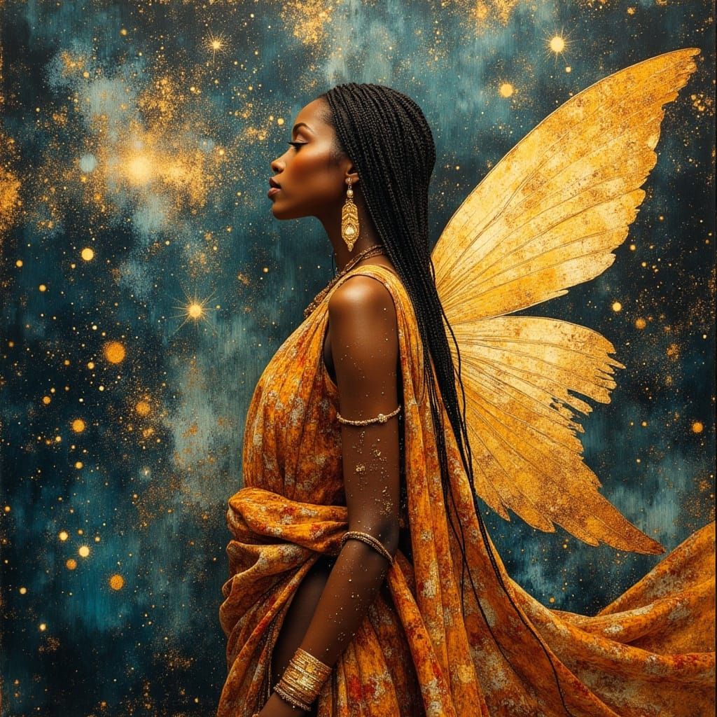 African Fairy Queen in Cosmic Nebula - Divine Oil Painting