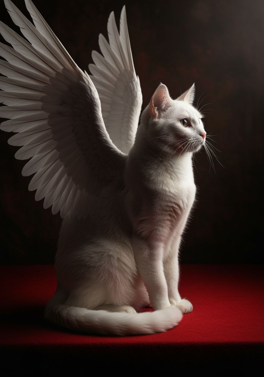 Majestic Winged Cat on Red Surface
