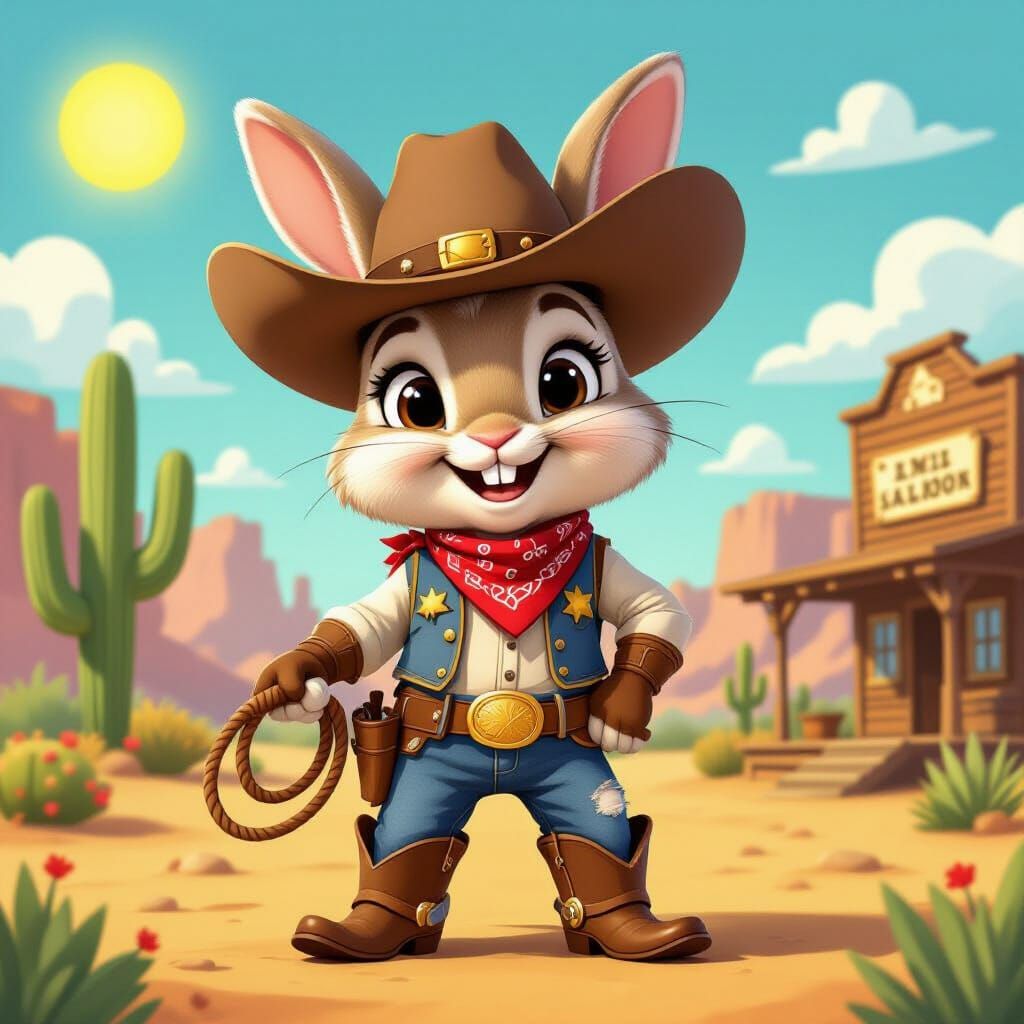 Cute Cowboy Rabbit in Cartoon Style