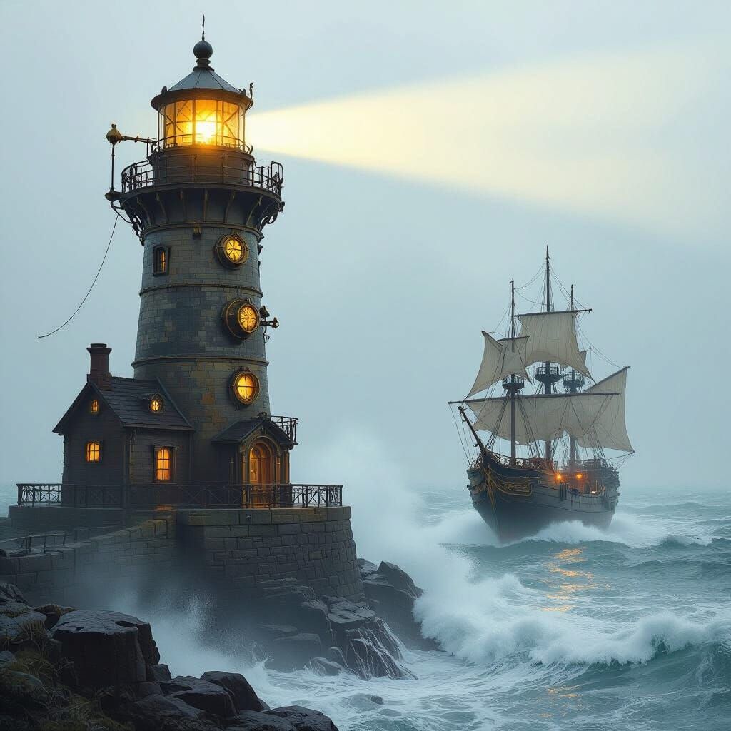 Steampunk Lighthouse Amidst Turbulent Sea