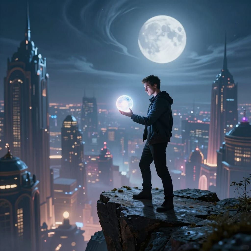 Man Holds Glowing Orb Over Dreamscape City