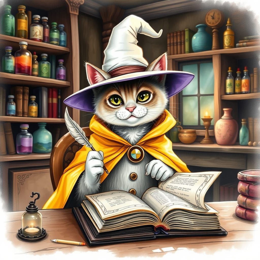 Whimsical Witch Cat Writes in Grimoire