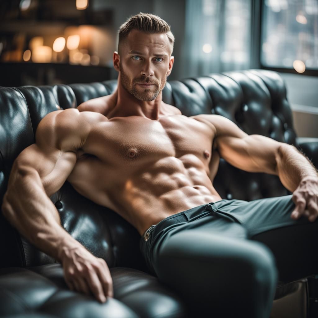 Muscle Man Relaxing on Sofa: Professional Photography