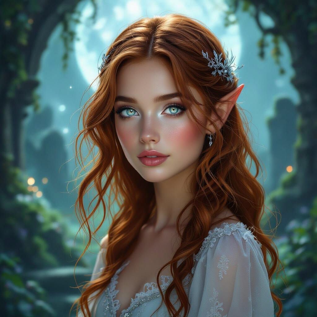 Fae Woman with Auburn Hair in Moonlit Magical Realm