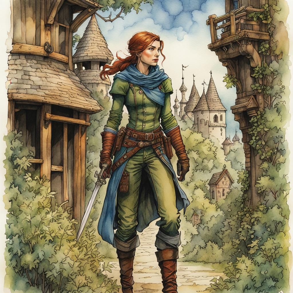 Whimsical Storybook Illustration of a Female Rogue