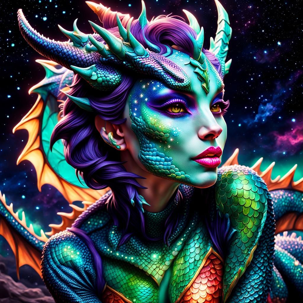 Neon Space Dragoness in Retrofuturistic Style