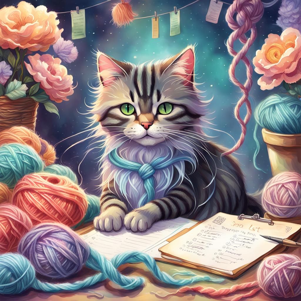 Cat with Shopping List in Watercolor Style