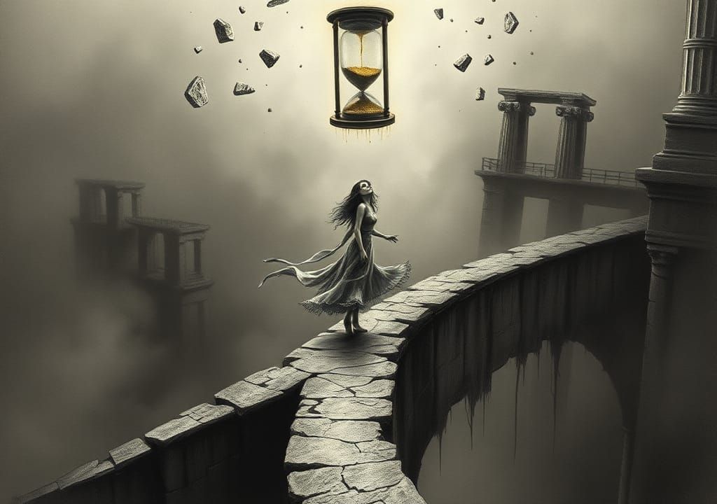 Ethereal Woman on Crumbling Bridge with Hourglass