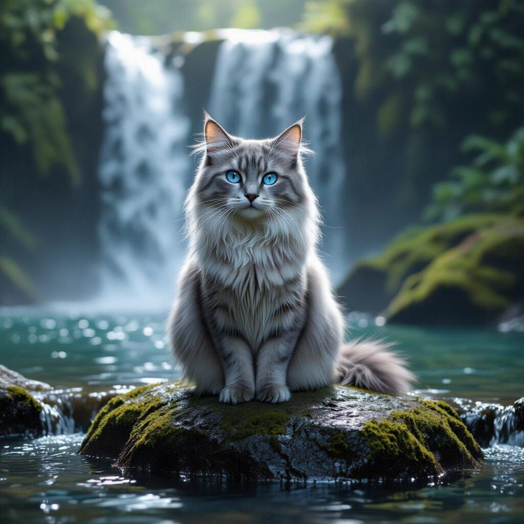 Silver Cat by Waterfall in Hyperrealistic Style