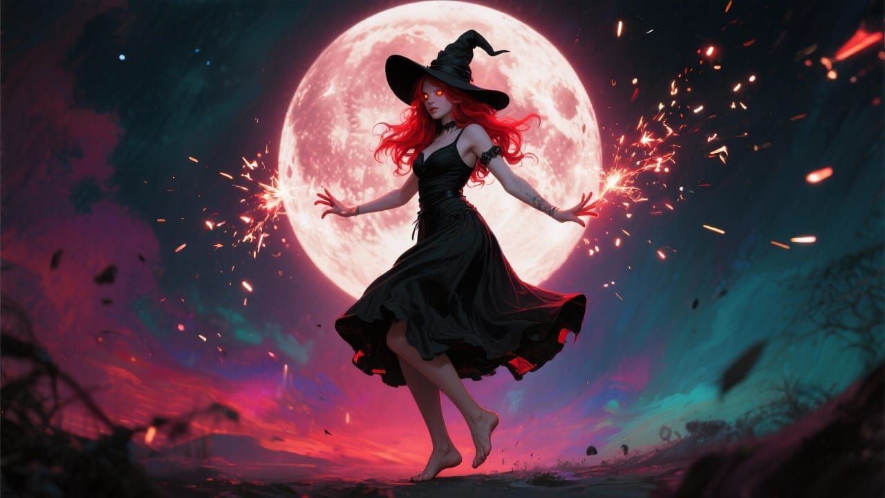 Red-Haired Witch Dances Under Blood Moon, Sparks Fly