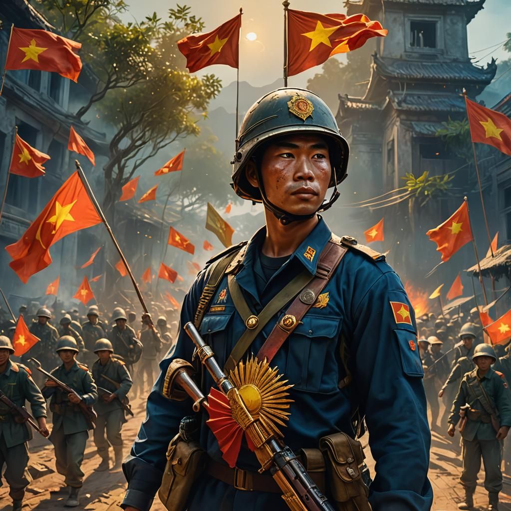 Victorious Vietnamese Soldier with Flag in Matte Painting St...