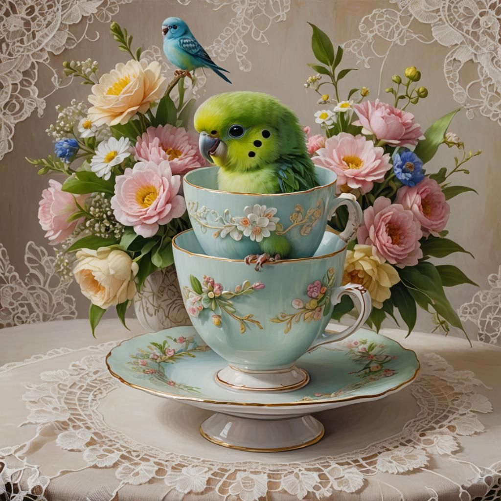 an adorable and whimsical painting of a newborn parakeet nestled inside a teacup on a lace covered round table with a bo...
