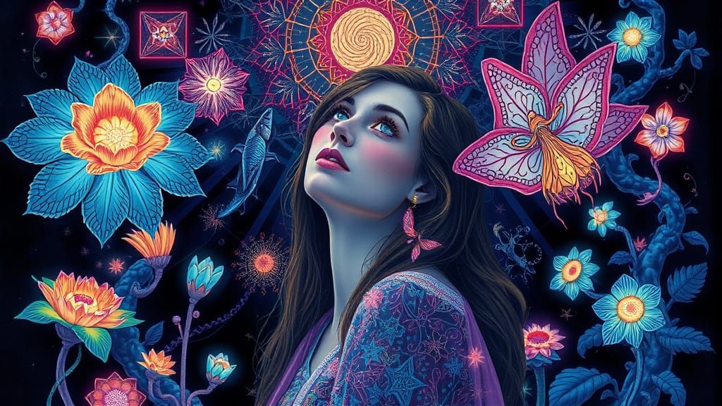 Bioluminescent Flora and Fauna in Visionary Art Style