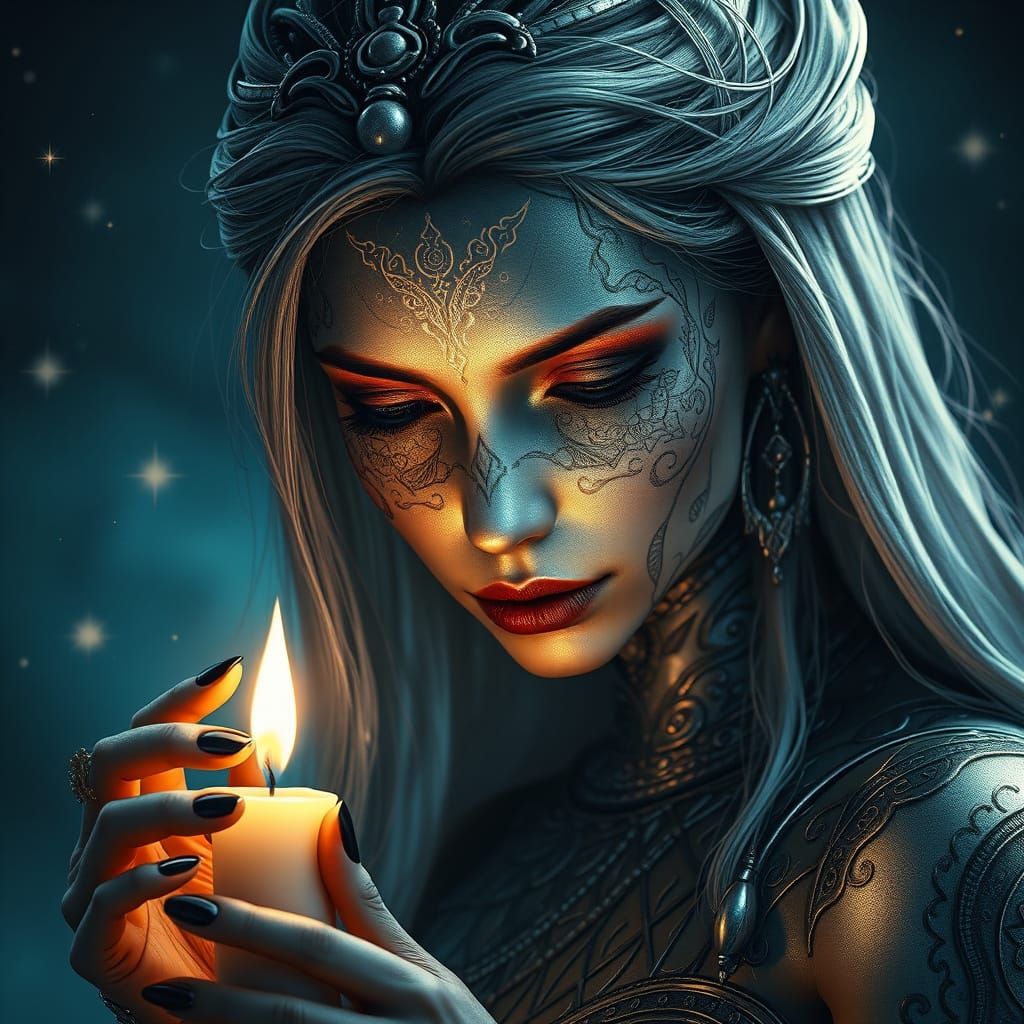 A striking, silver-toned portrait of a woman with intricate ...