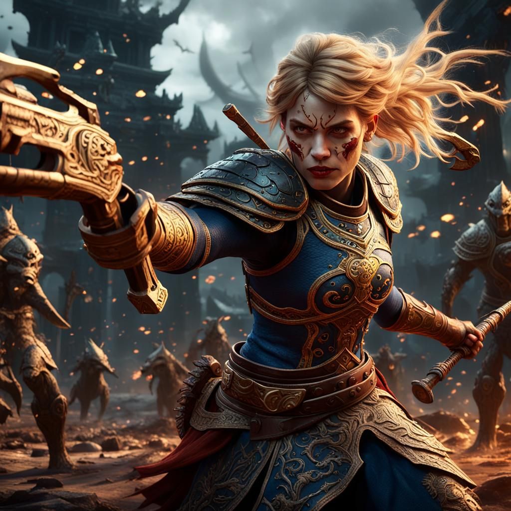 Blonde Warrior Fighting Minotaurs: Detailed Matte Painting