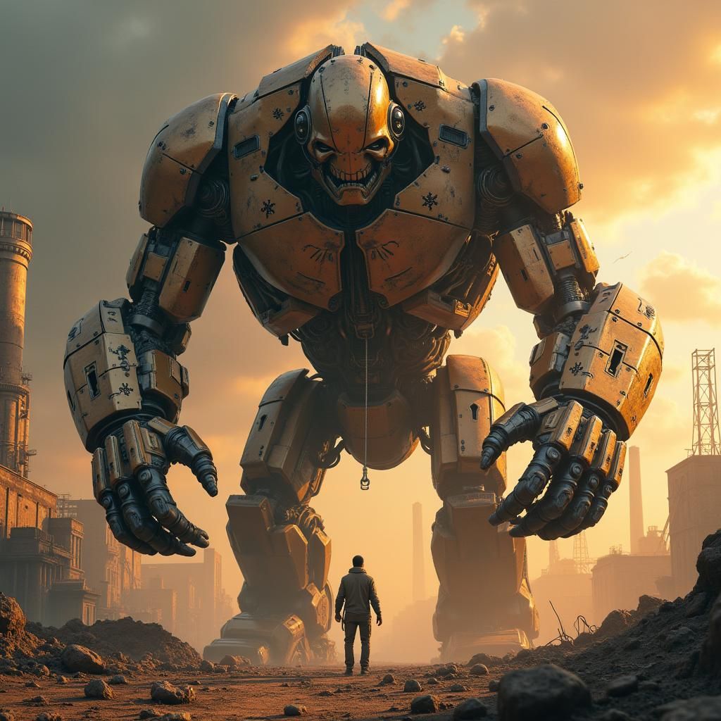 Terminator Robot Hand Crushing Human in Wasteland