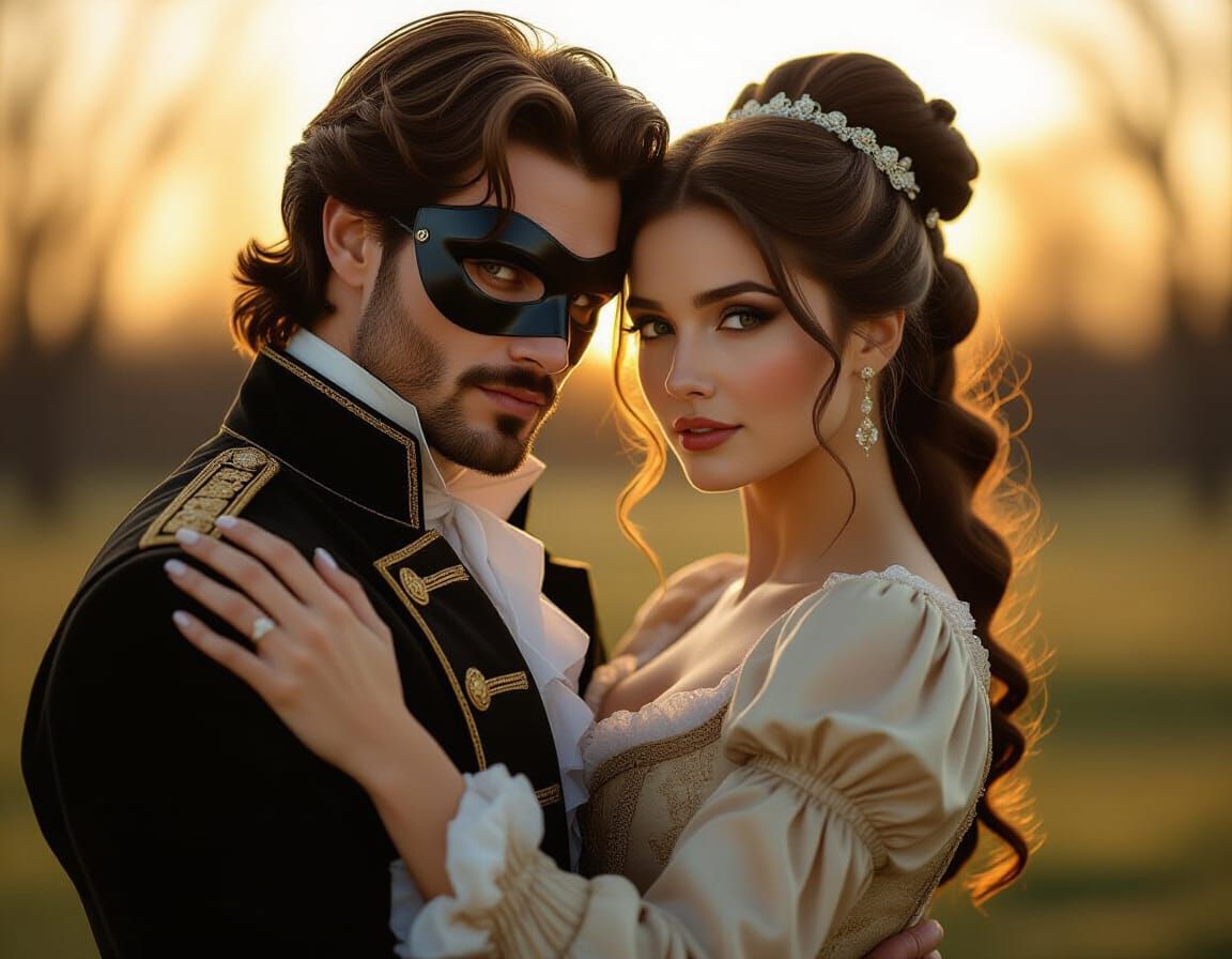 Bandit Embraces Lady in 1750s Attire with Golden Hour Glow