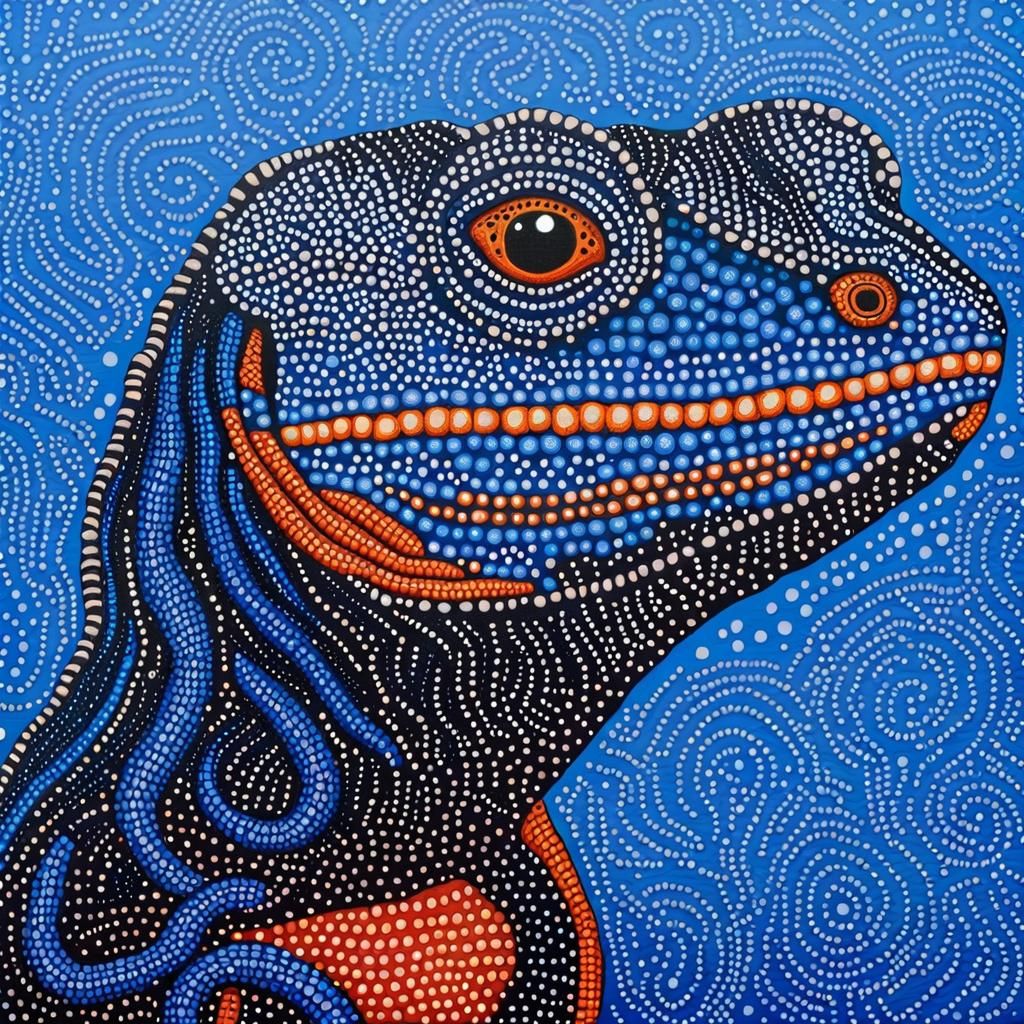 Perentie Lizard Portrait in Aboriginal Dot Painting Style