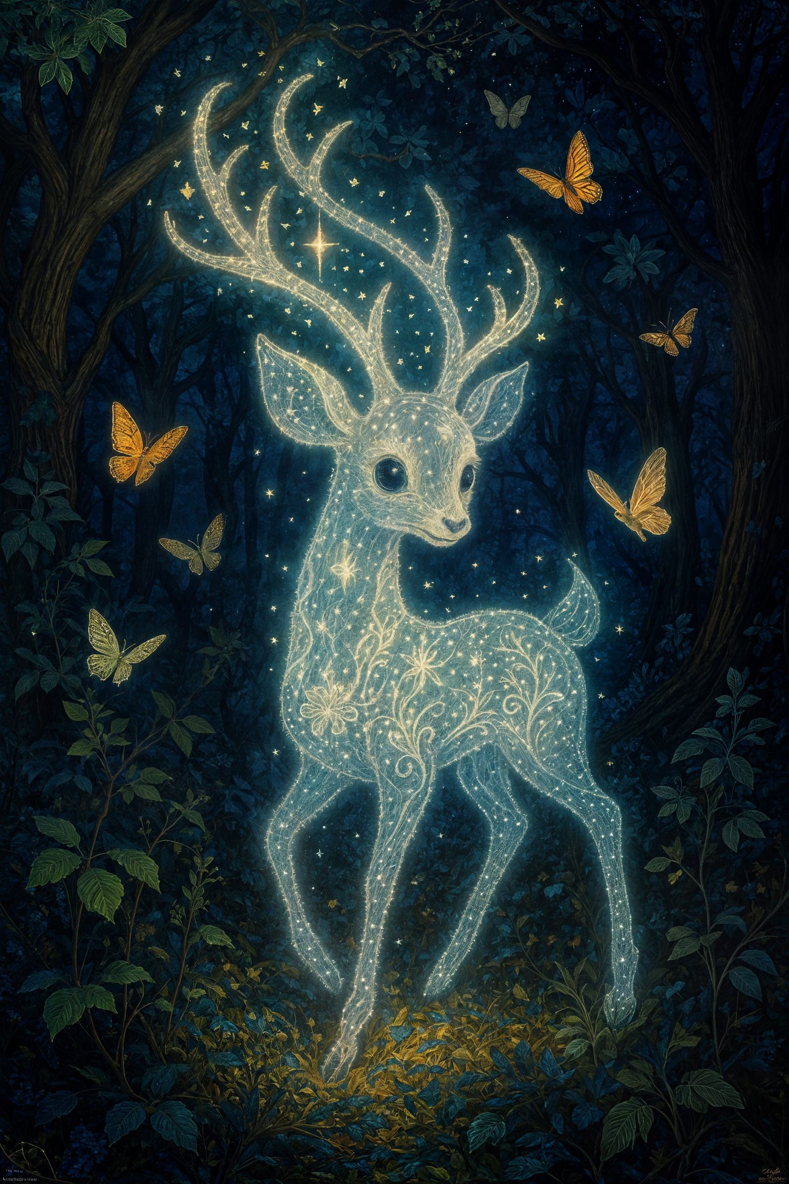 Mystical Star Deer in Enchanted Forest Illustration