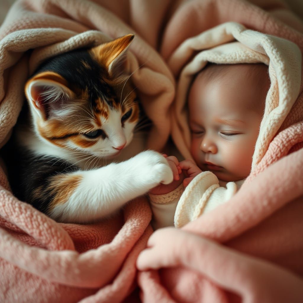 Calico Cat Touches Twin Baby Girls: Cinematic Film Still